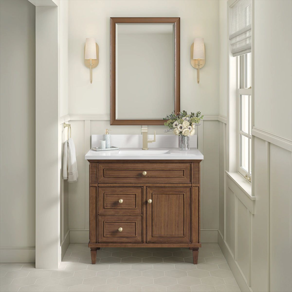 Lorelai 36" Single Vanity, Mid-Century Walnut w/ Single Hole 3 CM White Zeus Silestone Top & Backsplash, view 2