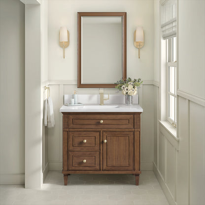 Lorelai 36" Single Vanity, Mid-Century Walnut w/ Single Hole 3 CM White Zeus Silestone Top & Backsplash, view 2
