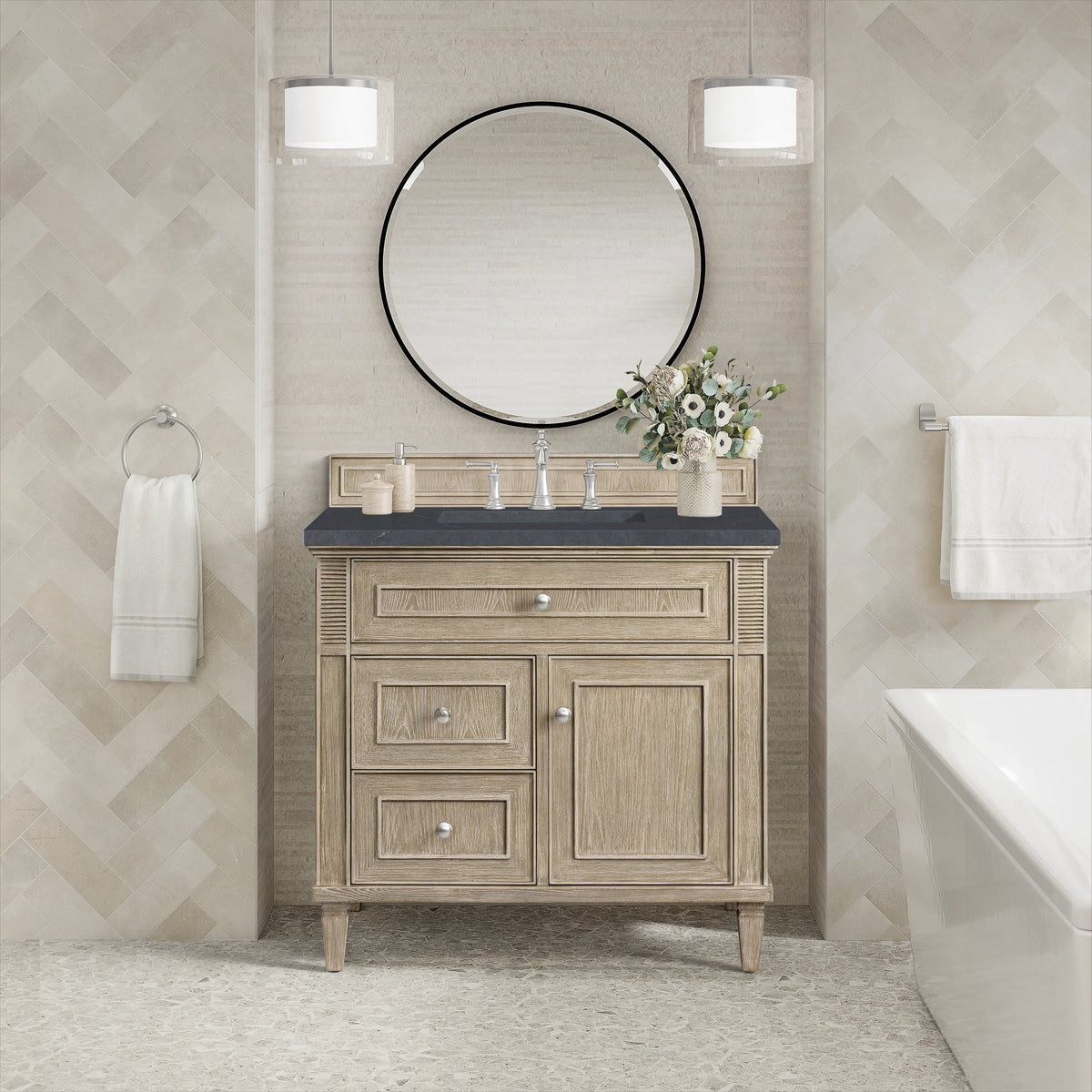 Lorelai 36" Single Vanity, Whitewashed Oak w/ 3 CM Charcoal Soapstone Silestone Top, view 2