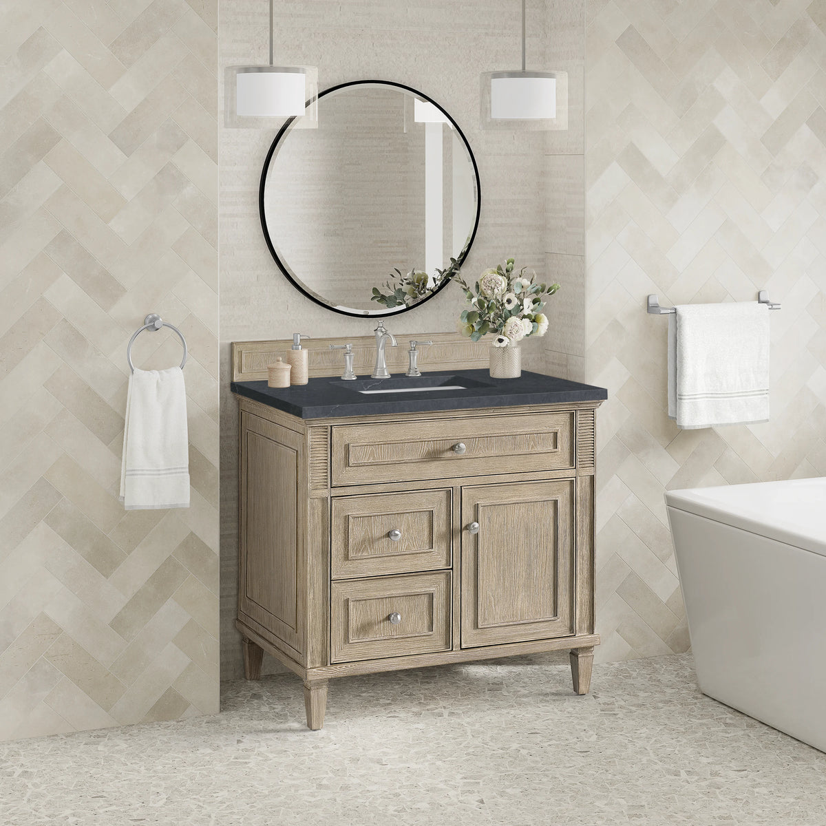 Lorelai 36" Single Vanity, Whitewashed Oak w/ 3 CM Charcoal Soapstone Silestone Top, view 3