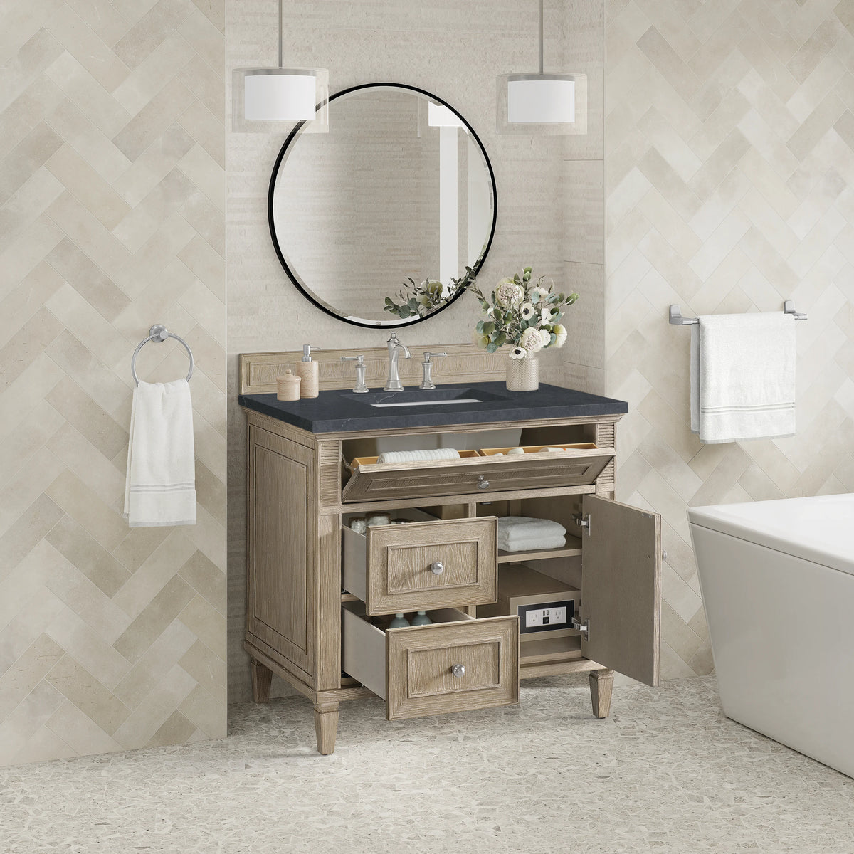 Lorelai 36" Single Vanity, Whitewashed Oak w/ 3 CM Charcoal Soapstone Silestone Top, view 4