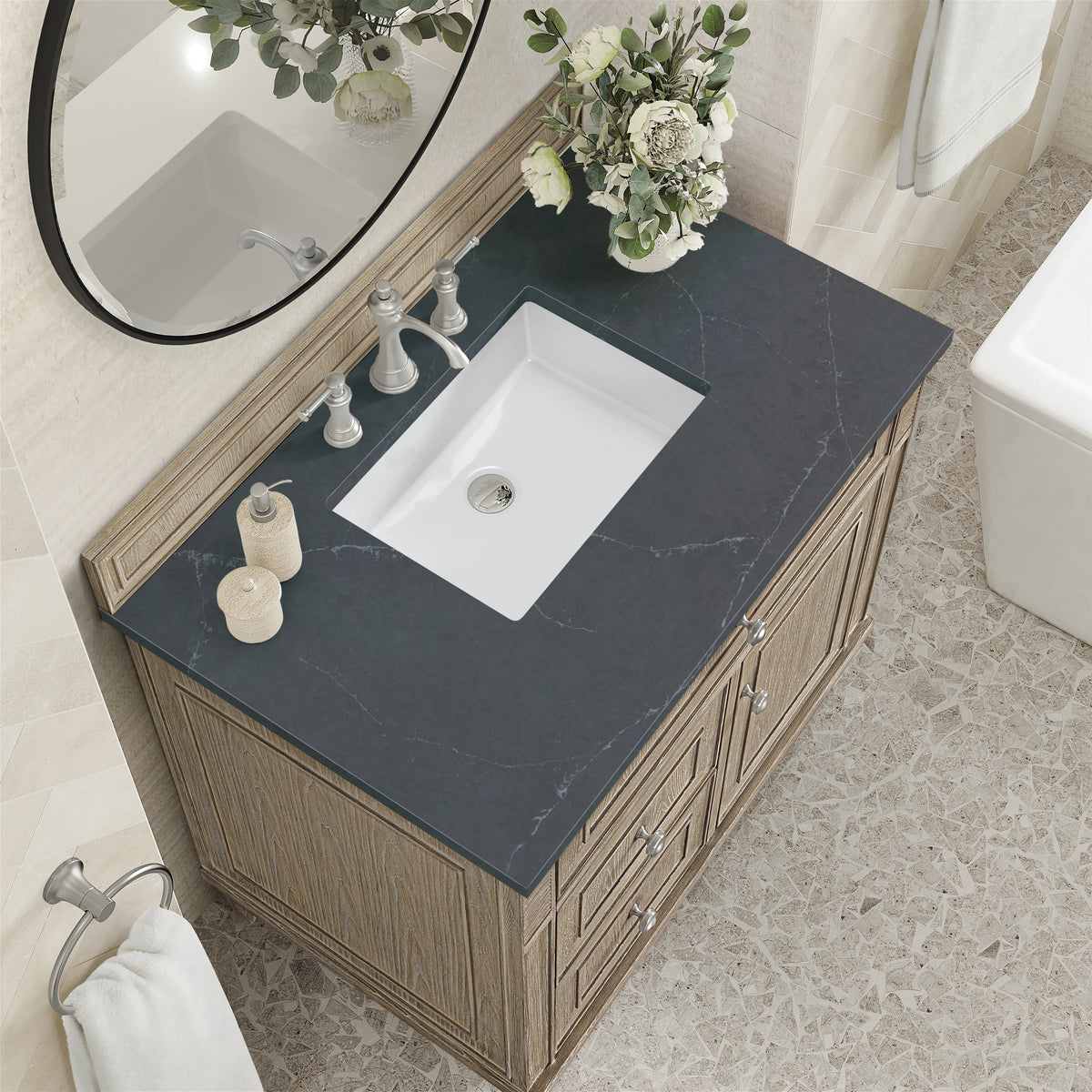 Lorelai 36" Single Vanity, Whitewashed Oak w/ 3 CM Charcoal Soapstone Silestone Top, view 5