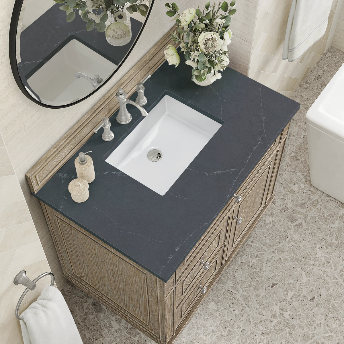 Lorelai 36" Single Vanity, Whitewashed Oak w/ 3 CM Charcoal Soapstone Silestone Top, view 6
