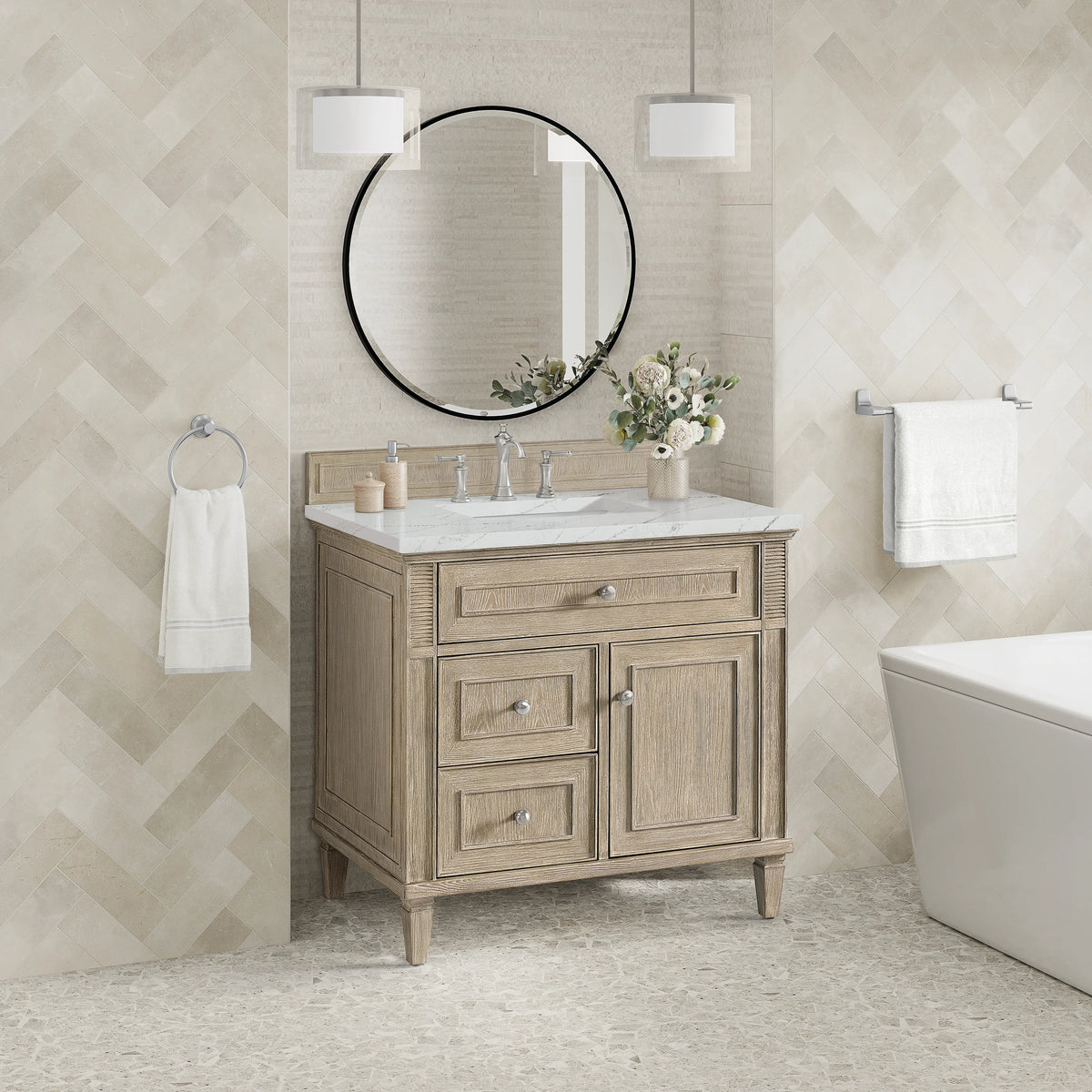 Lorelai 36" Single Vanity, Whitewashed Oak w/ 3 CM Ethereal Noctis Silestone Top, view 4