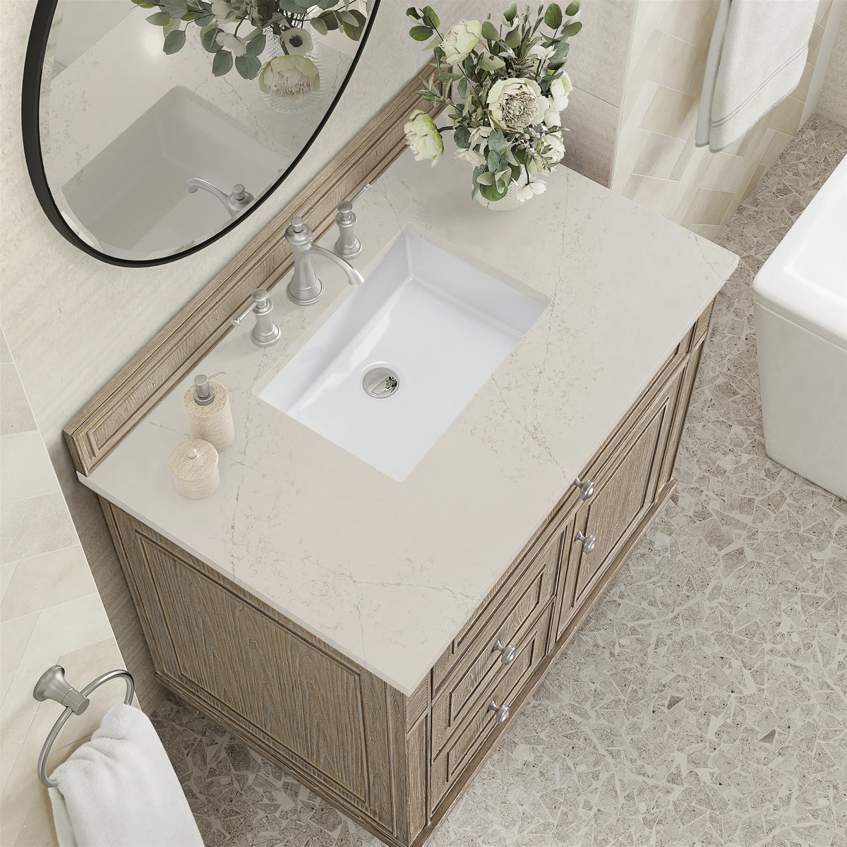 Lorelai 36" Single Vanity, Whitewashed Oak, w/ 3 CM Siberian Silestone Top, view 7