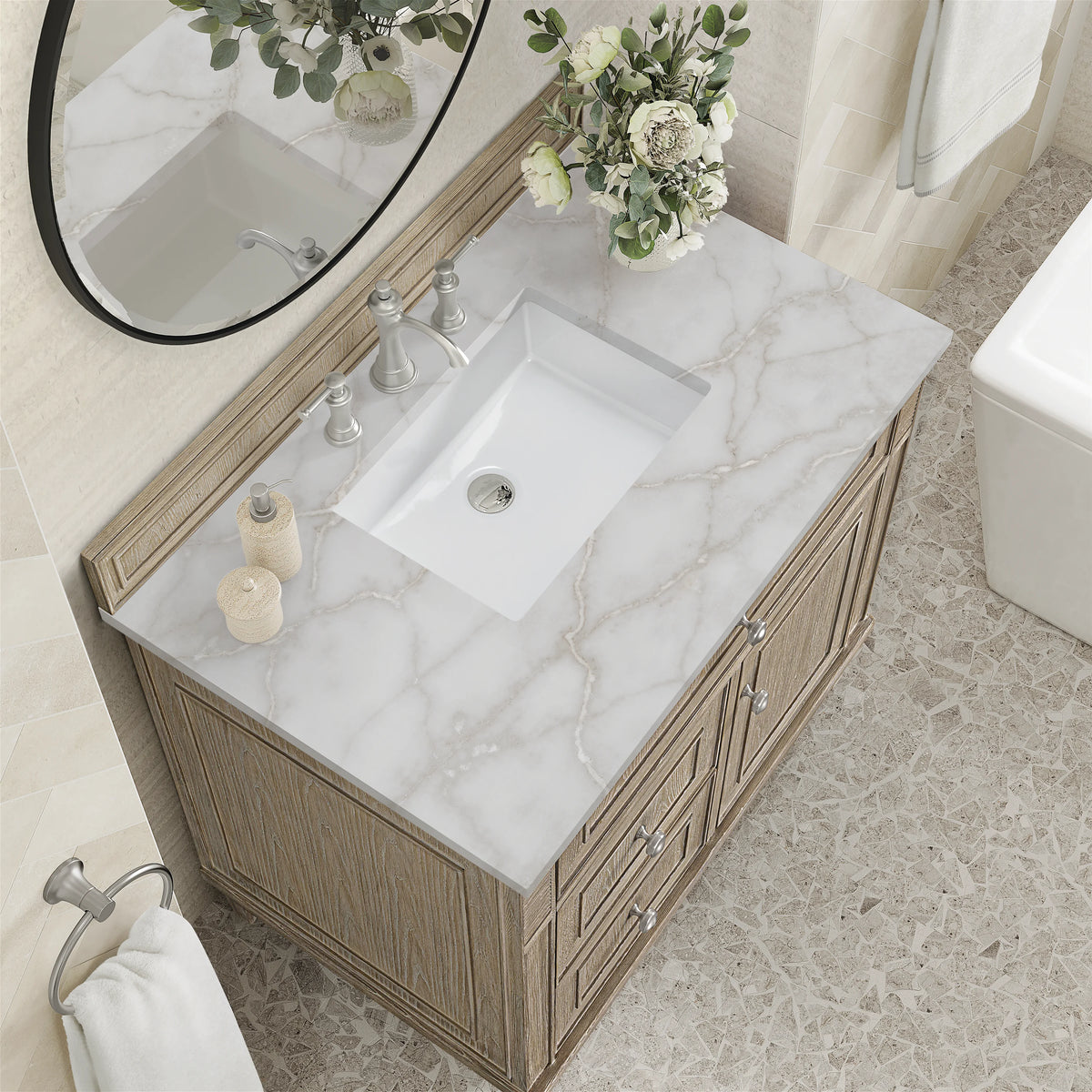 Lorelai 36" Single Vanity, Whitewashed Oak w/ 3 CM Victorian Silver Silestone Top, view 7
