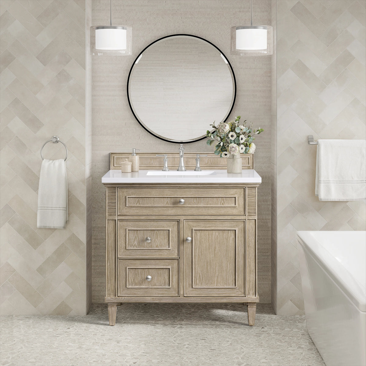 Lorelai 36" Single Vanity, Whitewashed Oak w/ 3 CM White Zeus Silestone Top, view 3