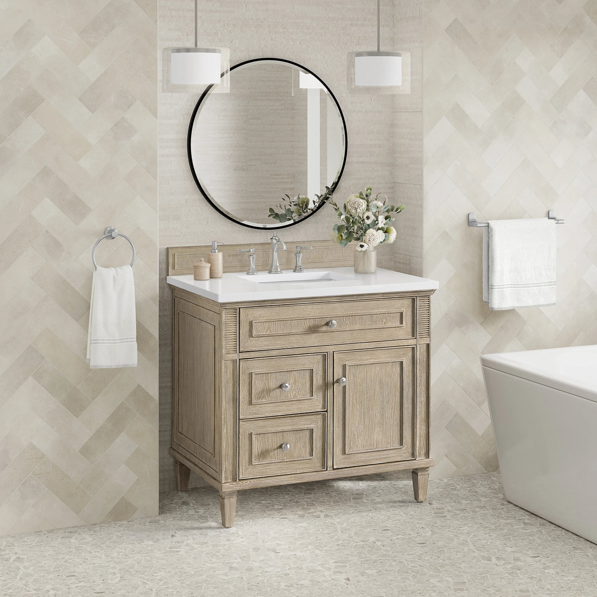 Lorelai 36" Single Vanity, Whitewashed Oak w/ 3 CM White Zeus Silestone Top, view 4