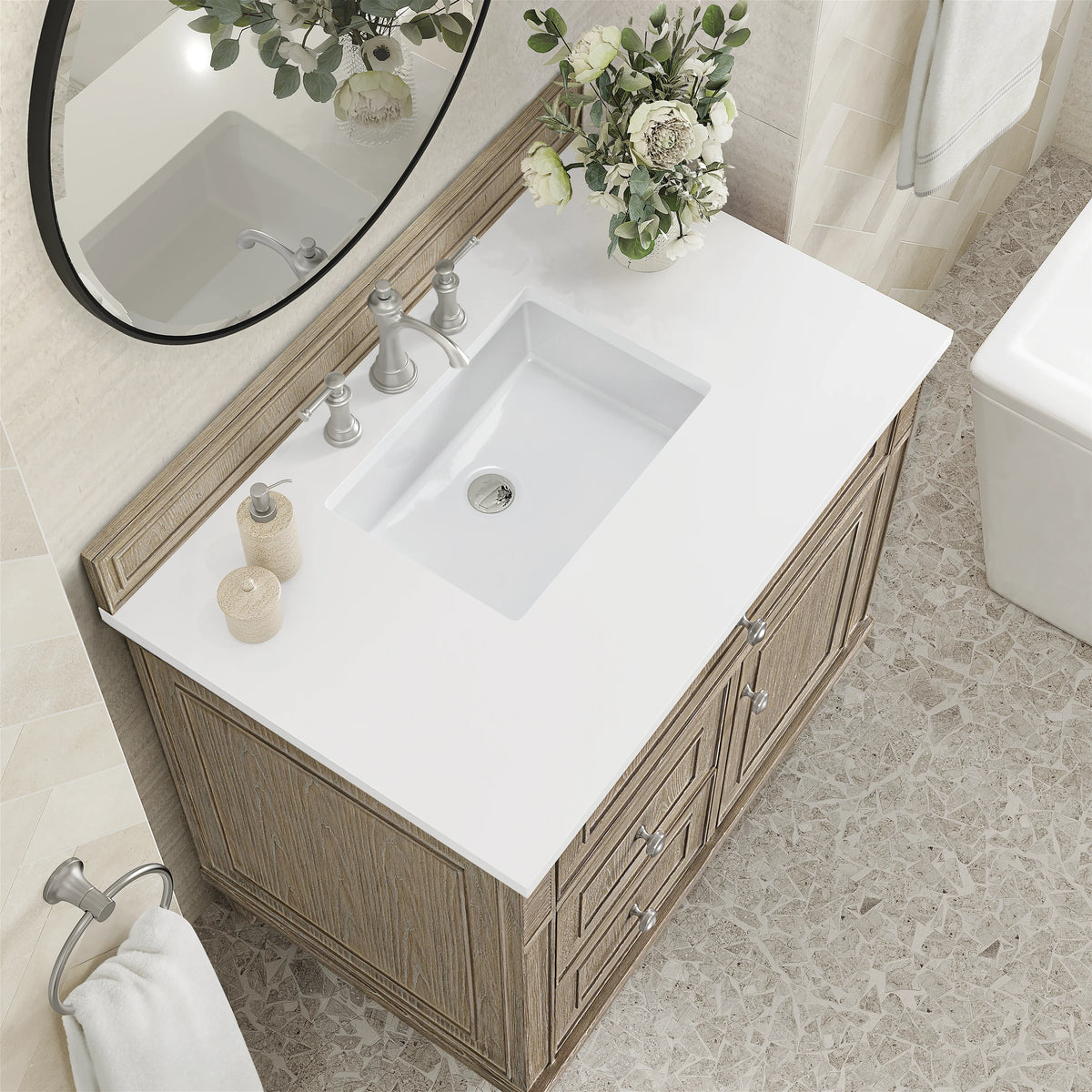 Lorelai 36" Single Vanity, Whitewashed Oak w/ 3 CM White Zeus Silestone Top, view 8