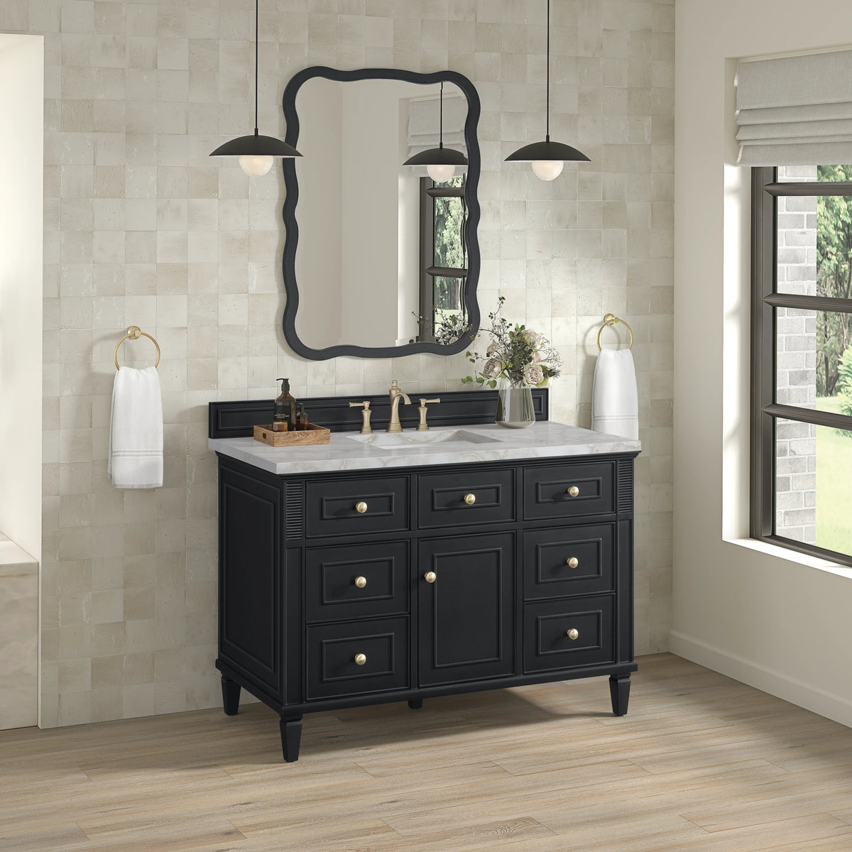 Lorelai 48" Single Vanity, Black Onyx w/ 3 CM Victorian Silver Silestone Top, view 4