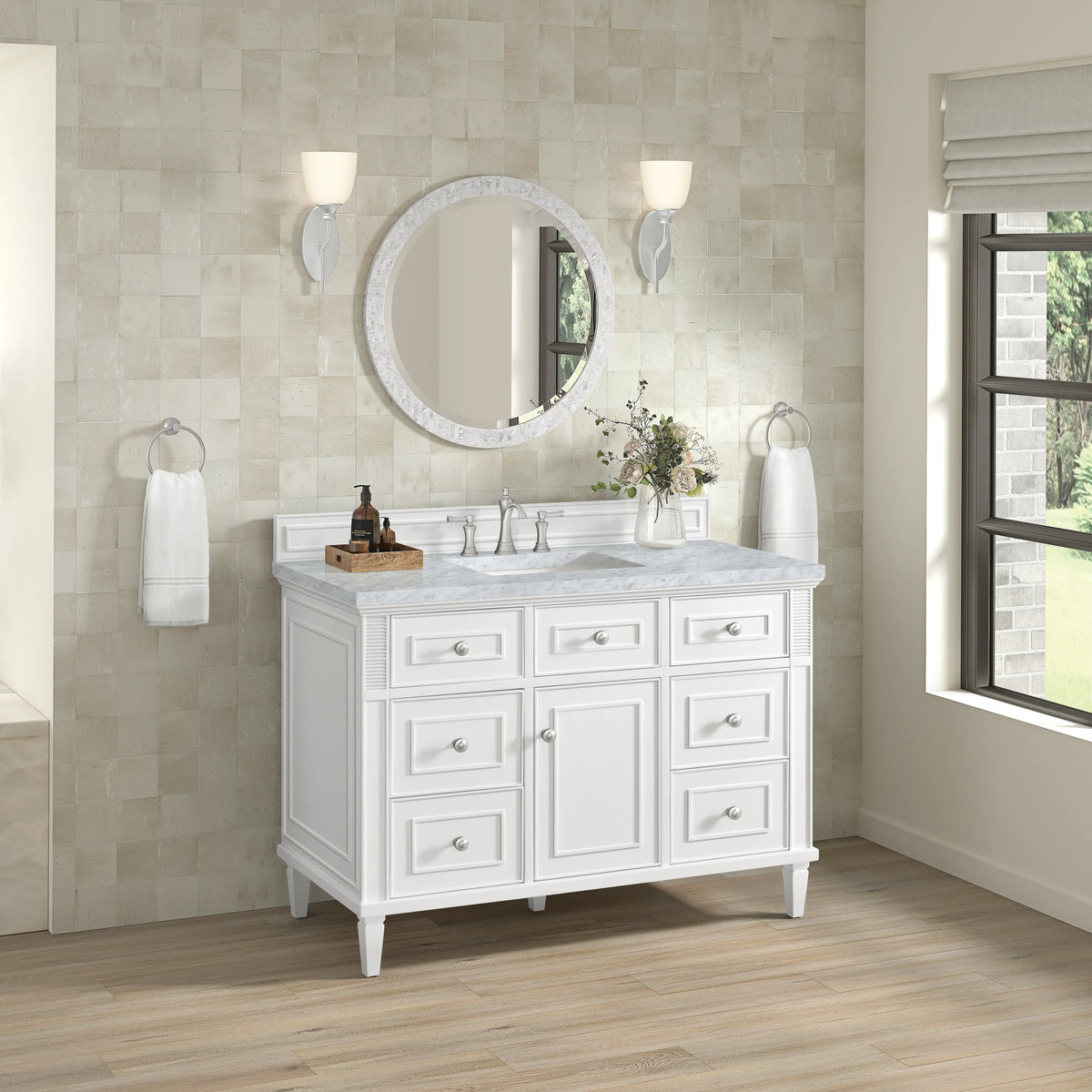 Lorelai 48" Single Vanity, Bright White w/ 3 CM Carrara White Marble Top, view 5