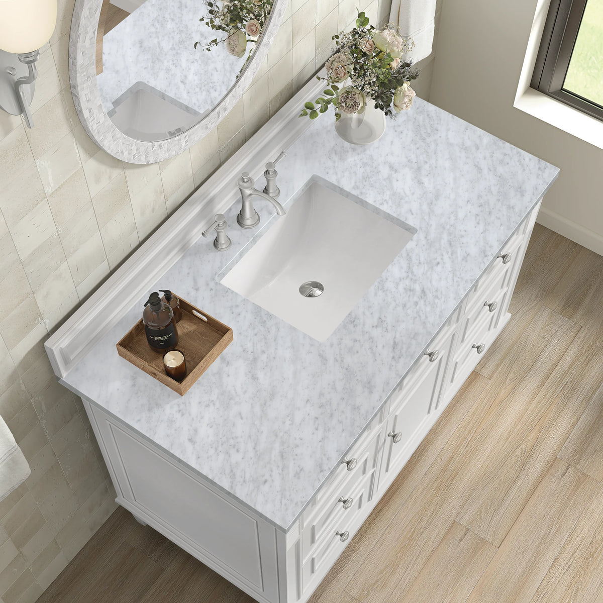 Lorelai 48" Single Vanity, Bright White w/ 3 CM Carrara White Marble Top, view 8