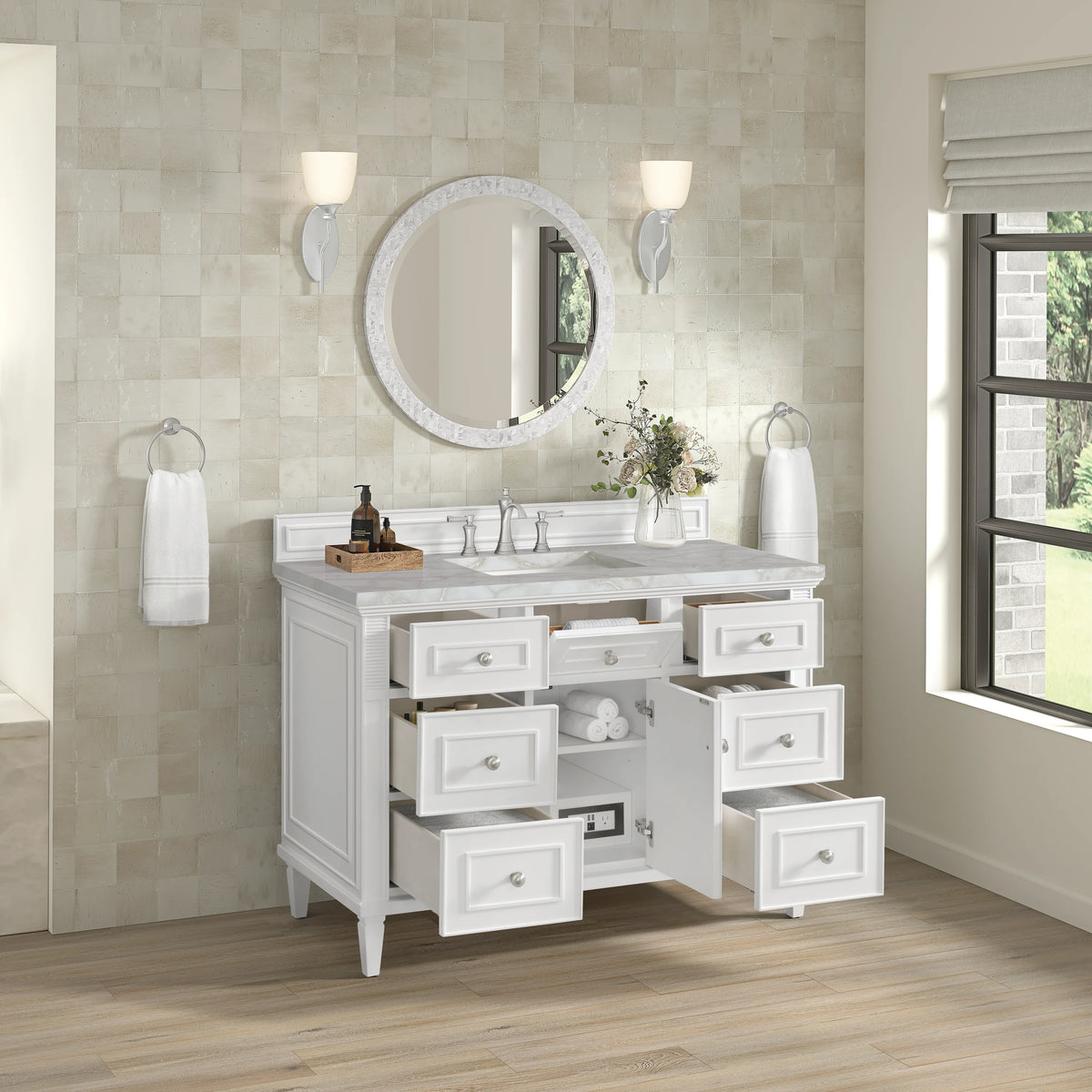 Lorelai 48" Single Vanity, Bright White w/ 3 CM Victorian Silver Silestone Top, view 6
