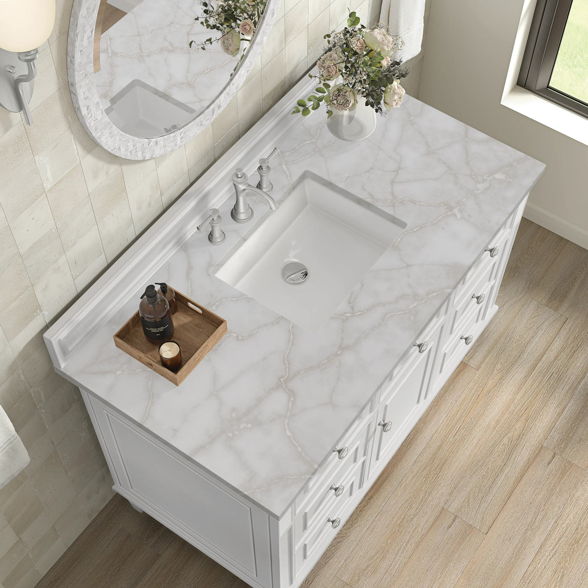 Lorelai 48" Single Vanity, Bright White w/ 3 CM Victorian Silver Silestone Top, view 8
