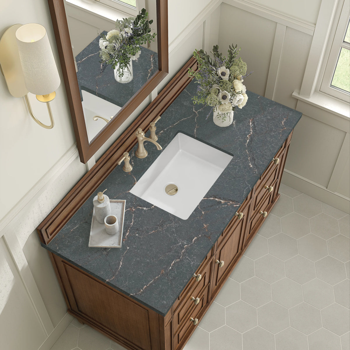 Lorelai 48" Single Vanity, Mid-Century Walnut w/ 3 CM Parisien Bleu Silestone Top, view 8