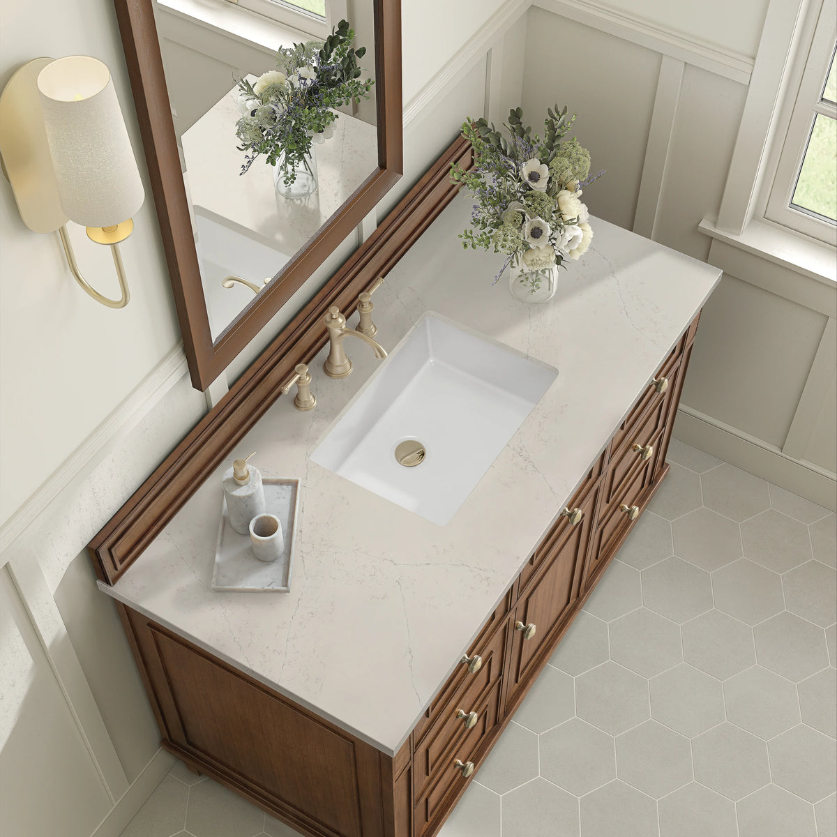 Lorelai 48" Single Vanity, Mid-Century Walnut, w/ 3 CM Siberian Silestone Top, view 8