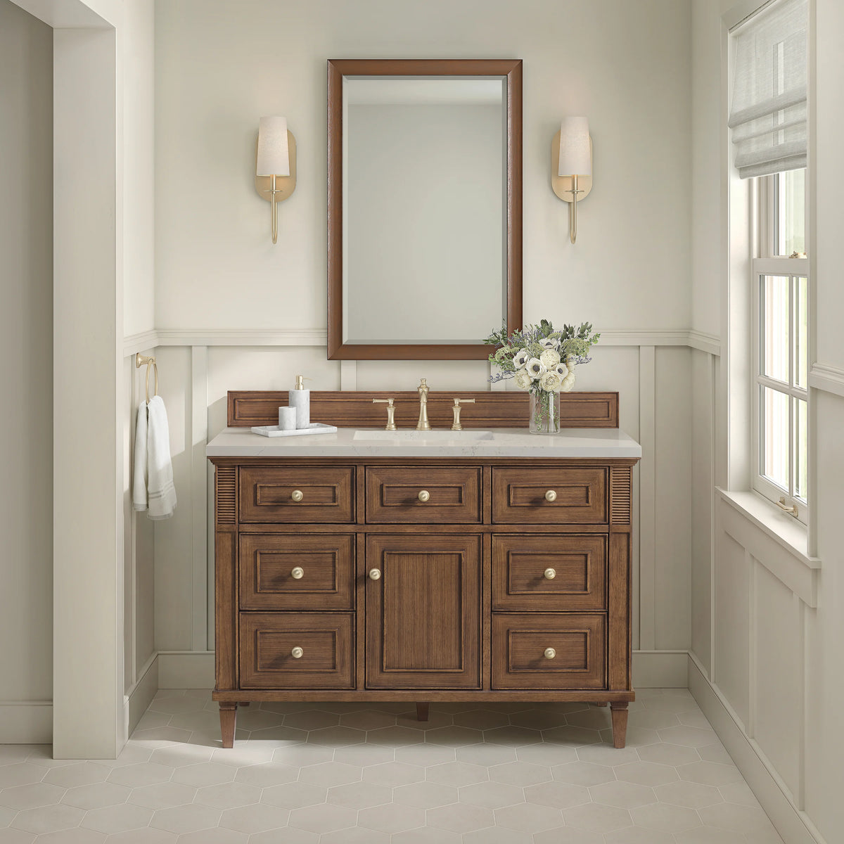 Lorelai 48" Single Vanity, Mid-Century Walnut, w/ 3 CM Siberian Silestone Top w/FreePower Wireless Charger, view 5