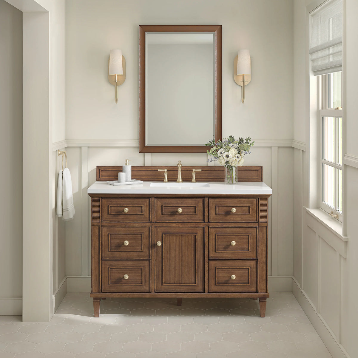 Lorelai 48" Single Vanity, Mid-Century Walnut w/ 3 CM White Zeus Silestone Top, view 4