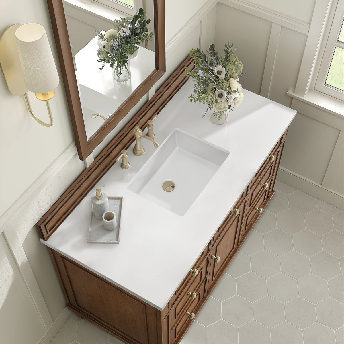 Lorelai 48" Single Vanity, Mid-Century Walnut w/ 3 CM White Zeus Silestone Top, view 9