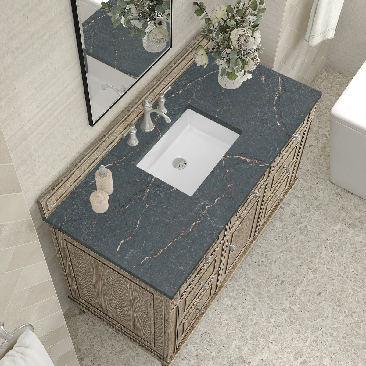 Lorelai 48" Single Vanity, Whitewashed Oak w/ 3 CM Parisien Bleu Silestone Top, view 7