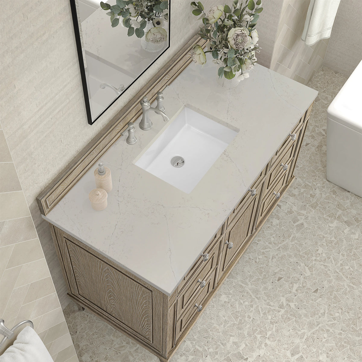 Lorelai 48" Single Vanity, Whitewashed Oak, w/ 3 CM Siberian Silestone Top, view 7