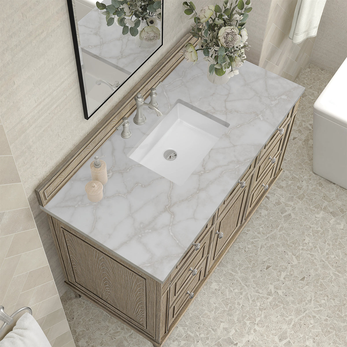 Lorelai 48" Single Vanity, Whitewashed Oak w/ 3 CM Victorian Silver Silestone Top, view 7