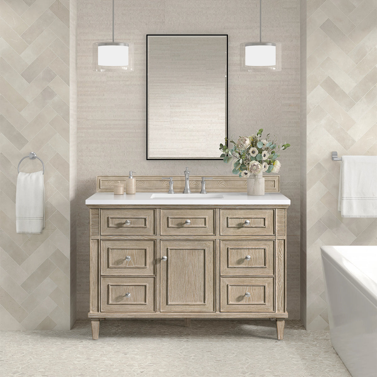 Lorelai 48" Single Vanity, Whitewashed Oak w/ 3 CM White Zeus Silestone Top, view 3