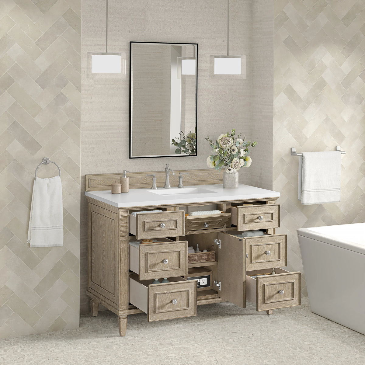 Lorelai 48" Single Vanity, Whitewashed Oak w/ 3 CM White Zeus Silestone Top, view 5