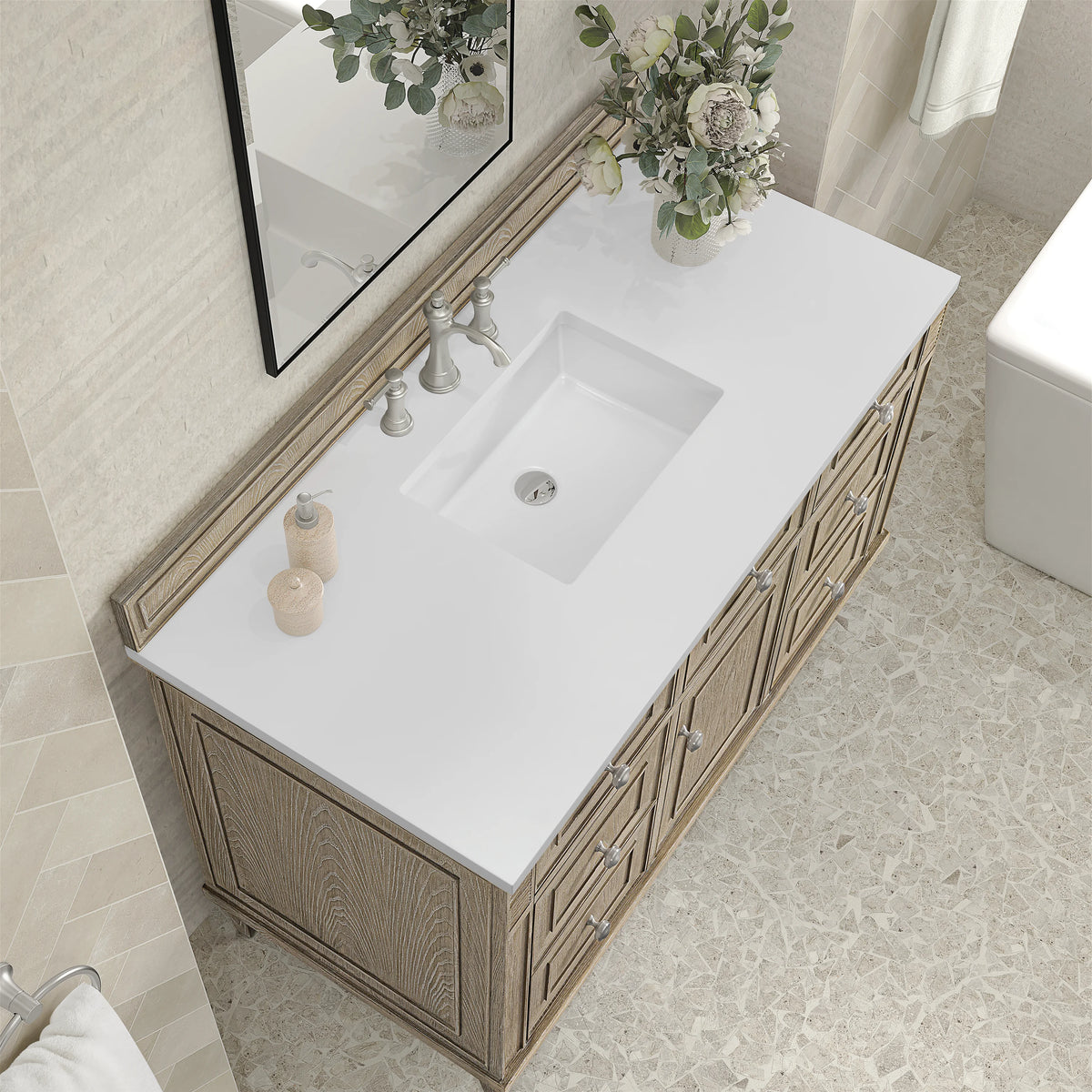 Lorelai 48" Single Vanity, Whitewashed Oak w/ 3 CM White Zeus Silestone Top, view 8