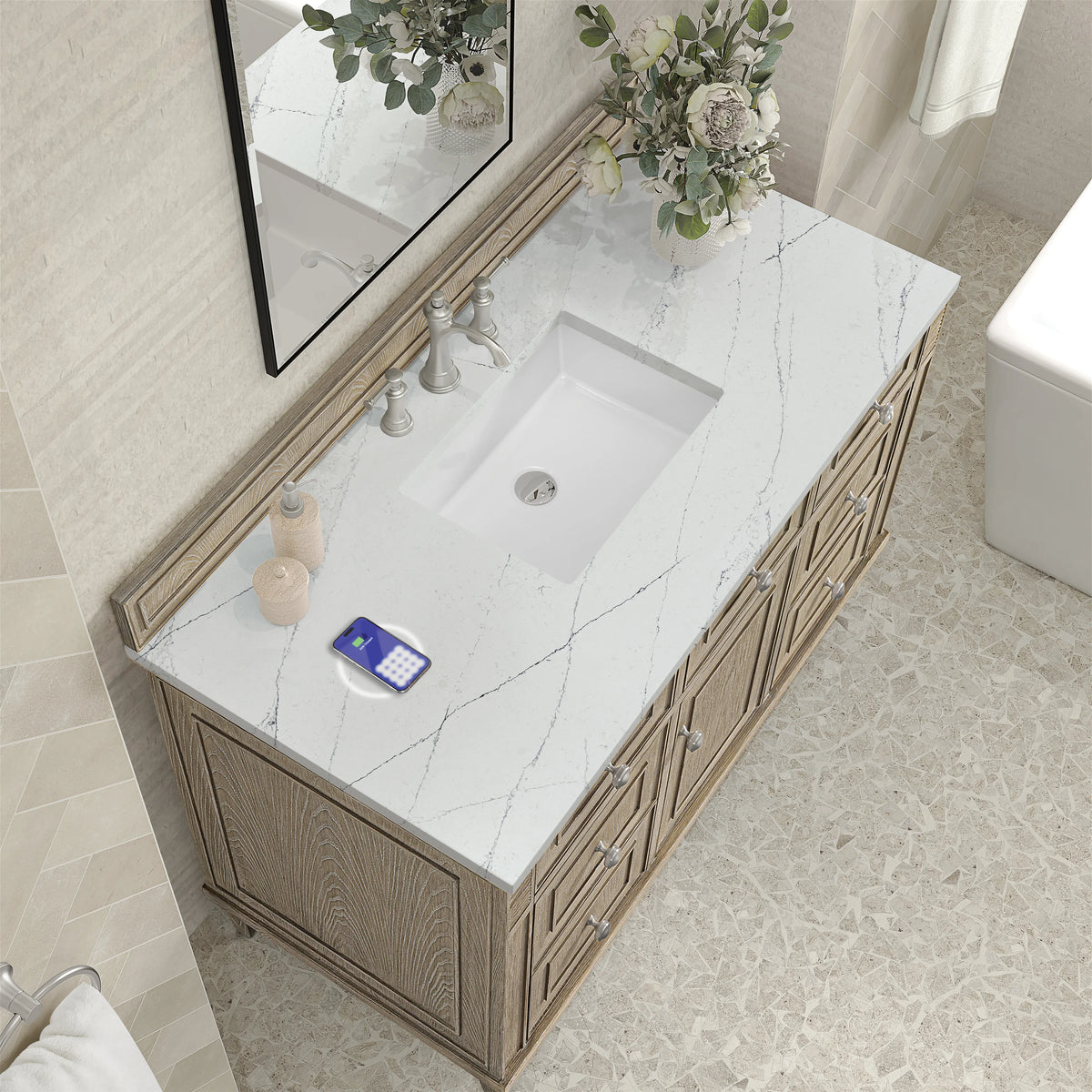 Lorelai 48" Single Vanity, Whitewashed Oak w/ 3 CM Ethereal Noctis Silestone Top w/FreePower Wireless Charger, view 10