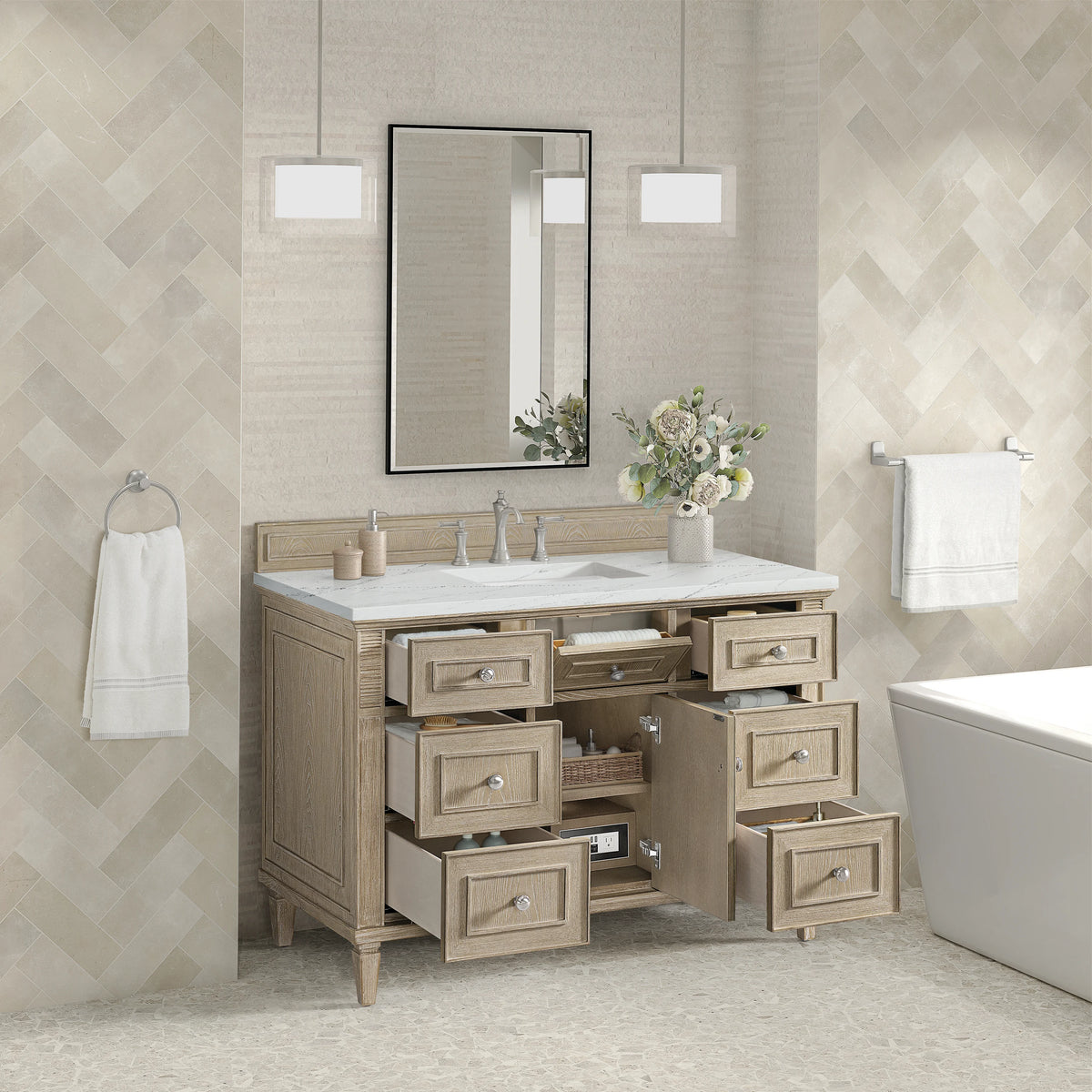 Lorelai 48" Single Vanity, Whitewashed Oak w/ 3 CM Ethereal Noctis Silestone Top w/FreePower Wireless Charger, view 8