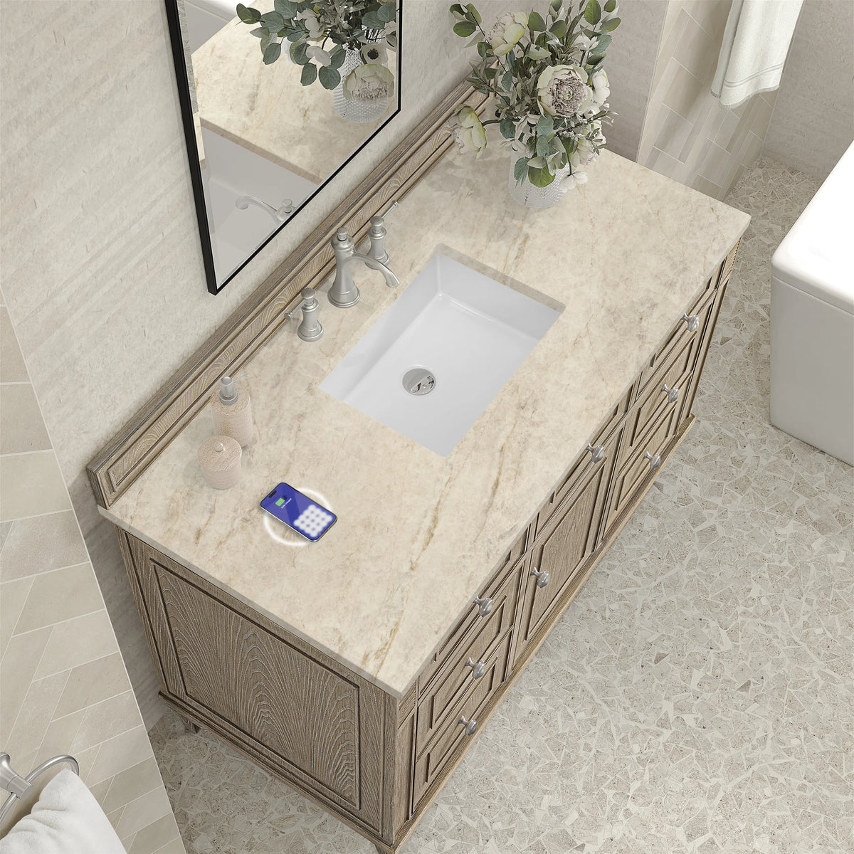 Lorelai 48" Single Vanity, Whitewashed Oak, w/ 3 CM Tajnar Eclos Top w/FreePower Wireless Charger, view 9
