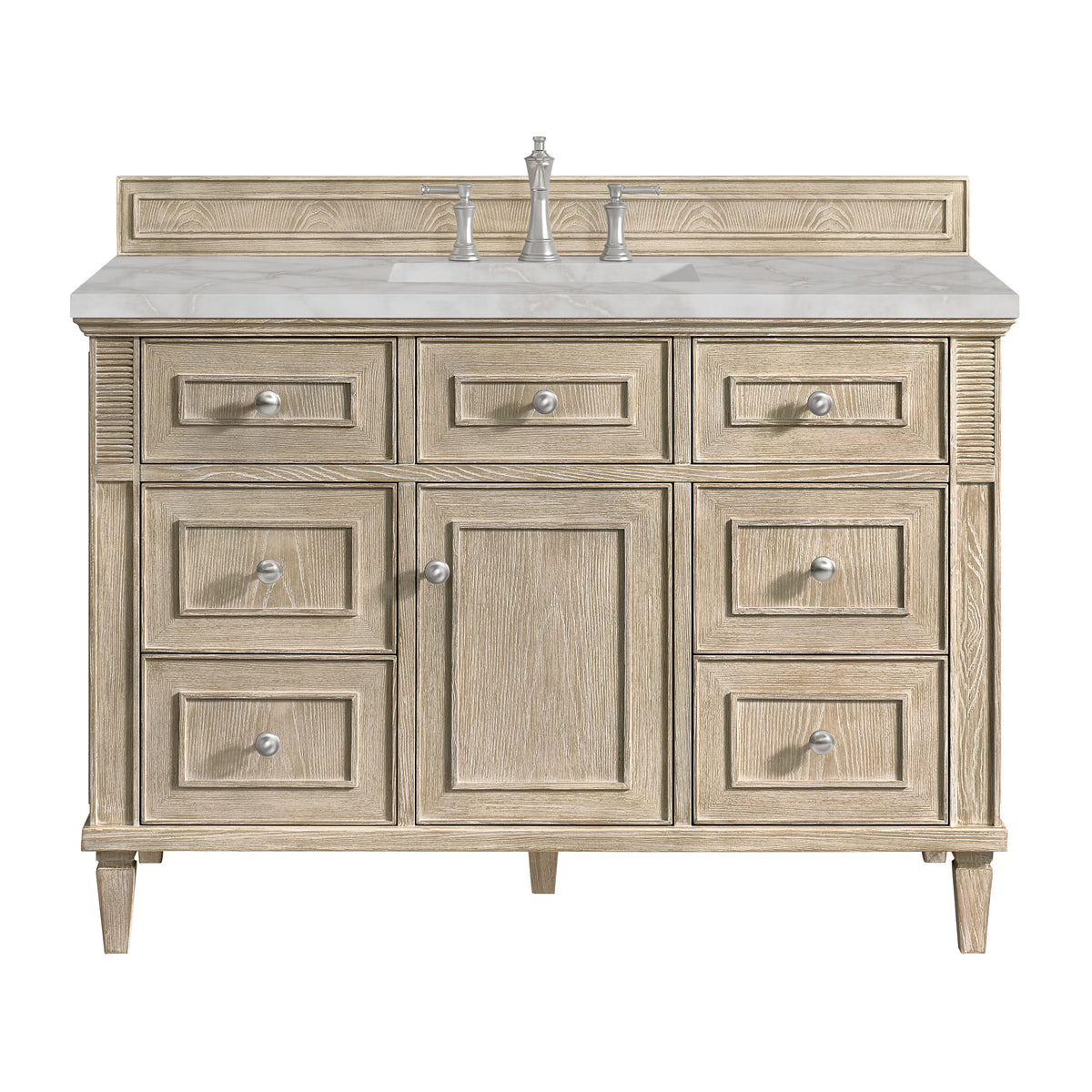 Lorelai 48" Single Vanity, Whitewashed Oak w/ 3 CM Victorian Silver Silestone Top w/FreePower Wireless Charger