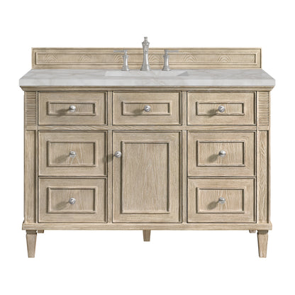 Lorelai 48" Single Vanity, Whitewashed Oak w/ 3 CM Victorian Silver Silestone Top w/FreePower Wireless Charger