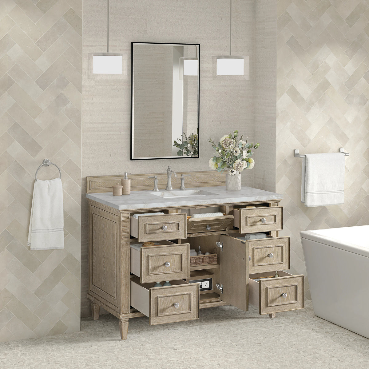 Lorelai 48" Single Vanity, Whitewashed Oak w/ 3 CM Victorian Silver Silestone Top w/FreePower Wireless Charger, view 8