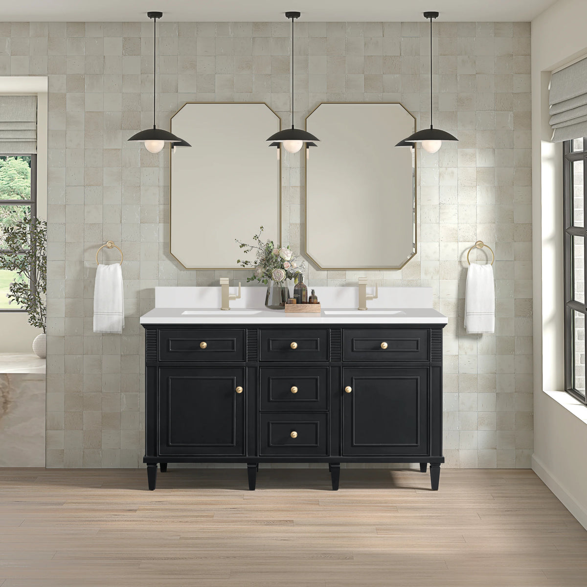 Lorelai 60" Double Vanity, Black Onyx w/ Single Hole 3 CM White Zeus Silestone Top & Backsplash, view 2