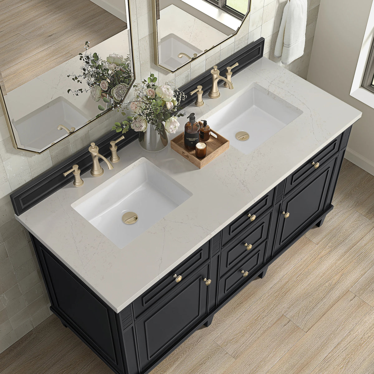 Lorelai 60" Double Vanity, Black Onyx, w/ 3 CM Siberian Silestone Top, view 7