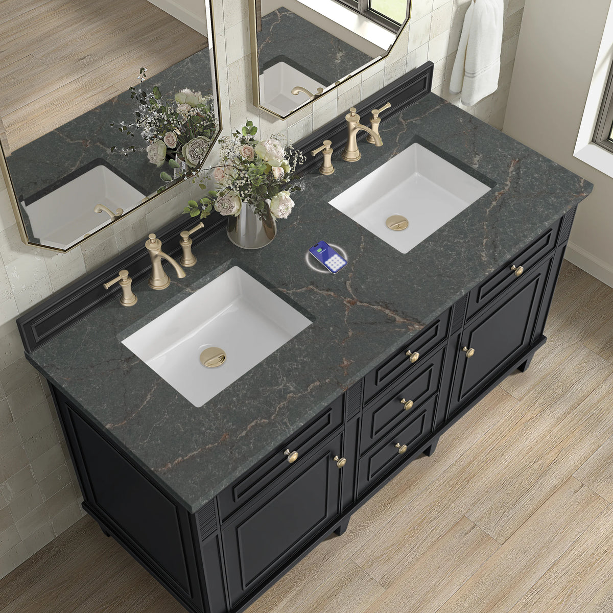 Lorelai 60" Double Vanity, Black Onyx w/ 3 CM Parisien Bleu Silestone Top w/FreePower Wireless Charger, view 10