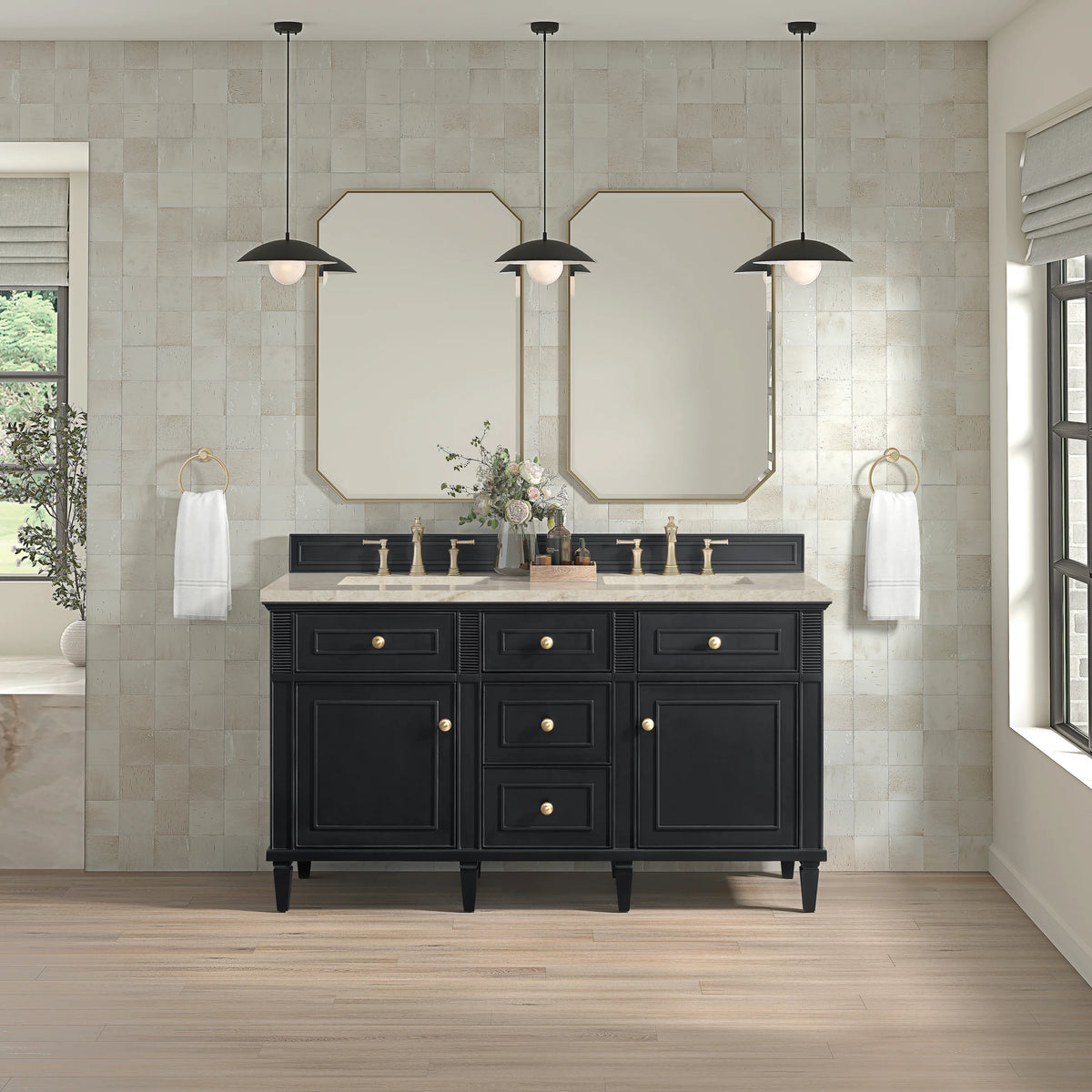 Lorelai 60" Double Vanity, Black Onyx, w/ 3 CM Tajnar Eclos Top w/FreePower Wireless Charger, view 5