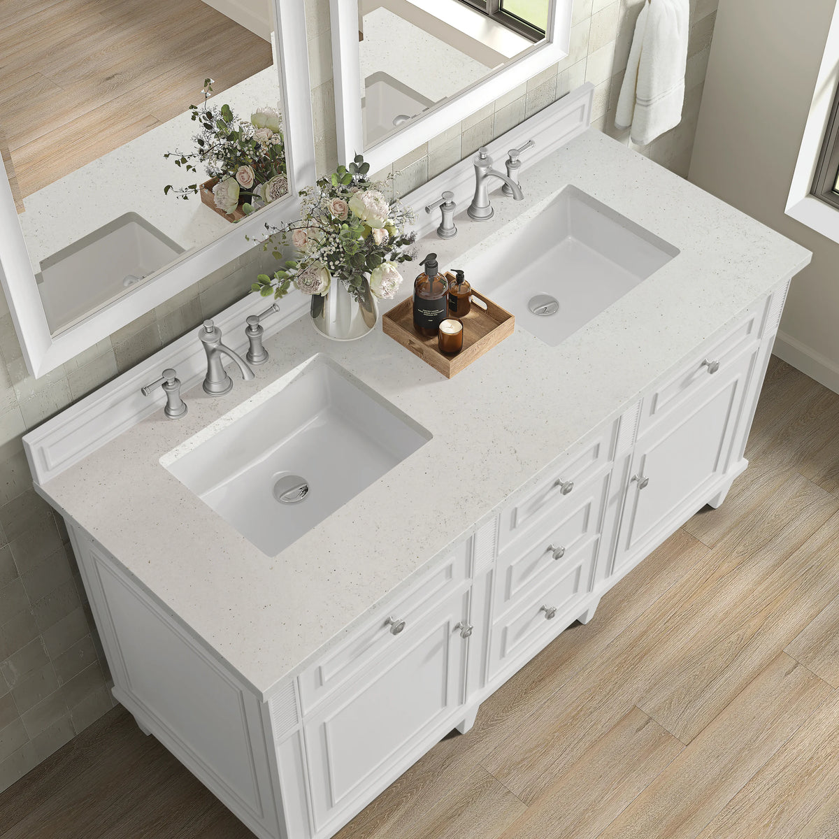 Lorelai 60" Double Vanity, Bright White w/ 3 CM Lime Delight Silestone Top, view 8