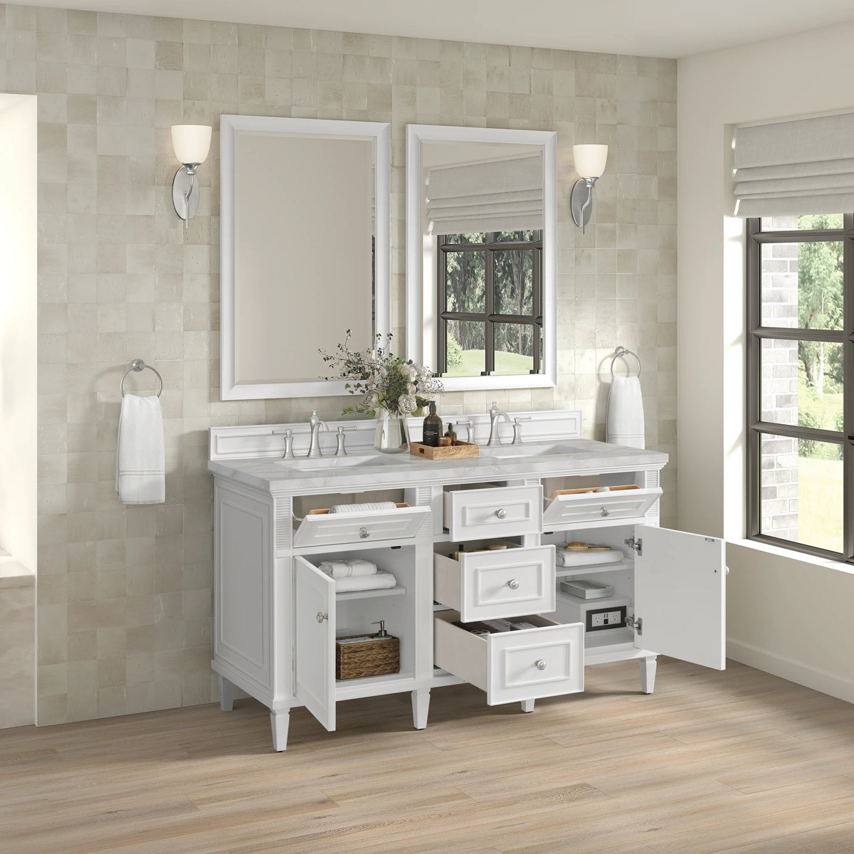 Lorelai 60" Double Vanity, Bright White w/ 3 CM Victorian Silver Silestone Top, view 6
