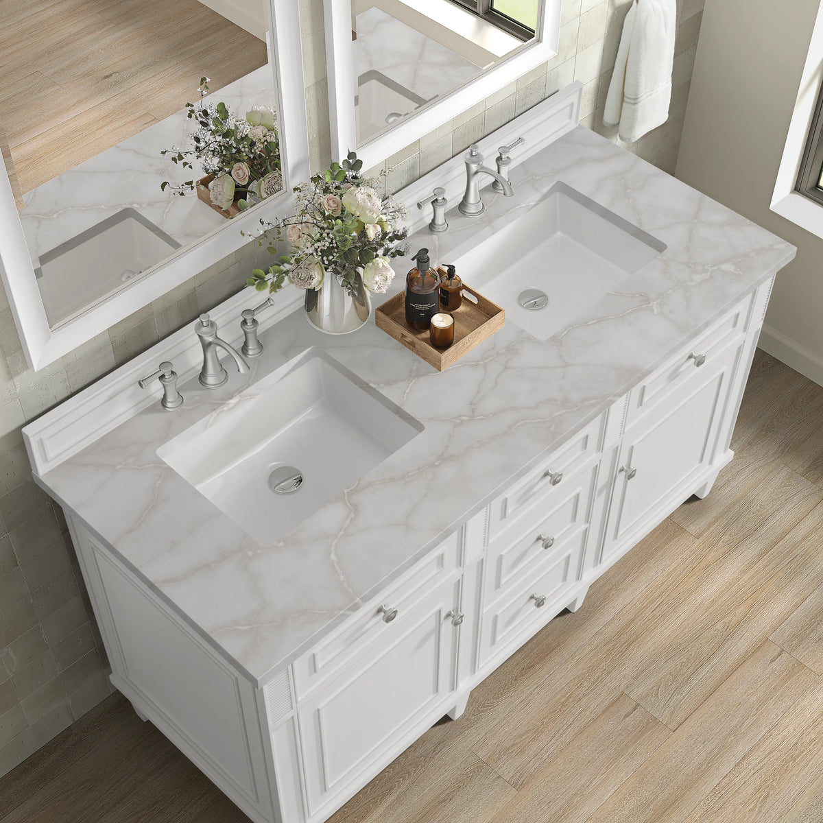 Lorelai 60" Double Vanity, Bright White w/ 3 CM Victorian Silver Silestone Top, view 8