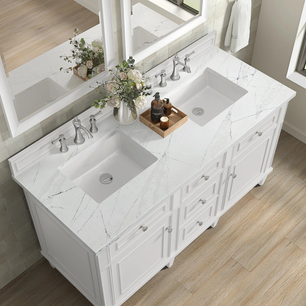 Lorelai 60" Double Vanity, Bright White w/ 3 CM White Zeus Silestone Top, view 8