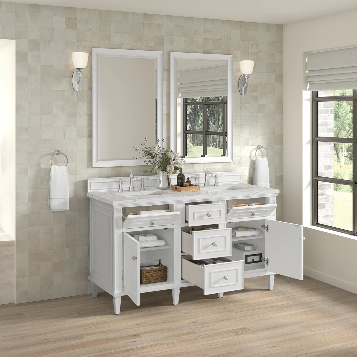 Lorelai 60" Double Vanity, Bright White w/ 3 CM Ethereal Noctis Silestone Top w/FreePower Wireless Charger, view 9