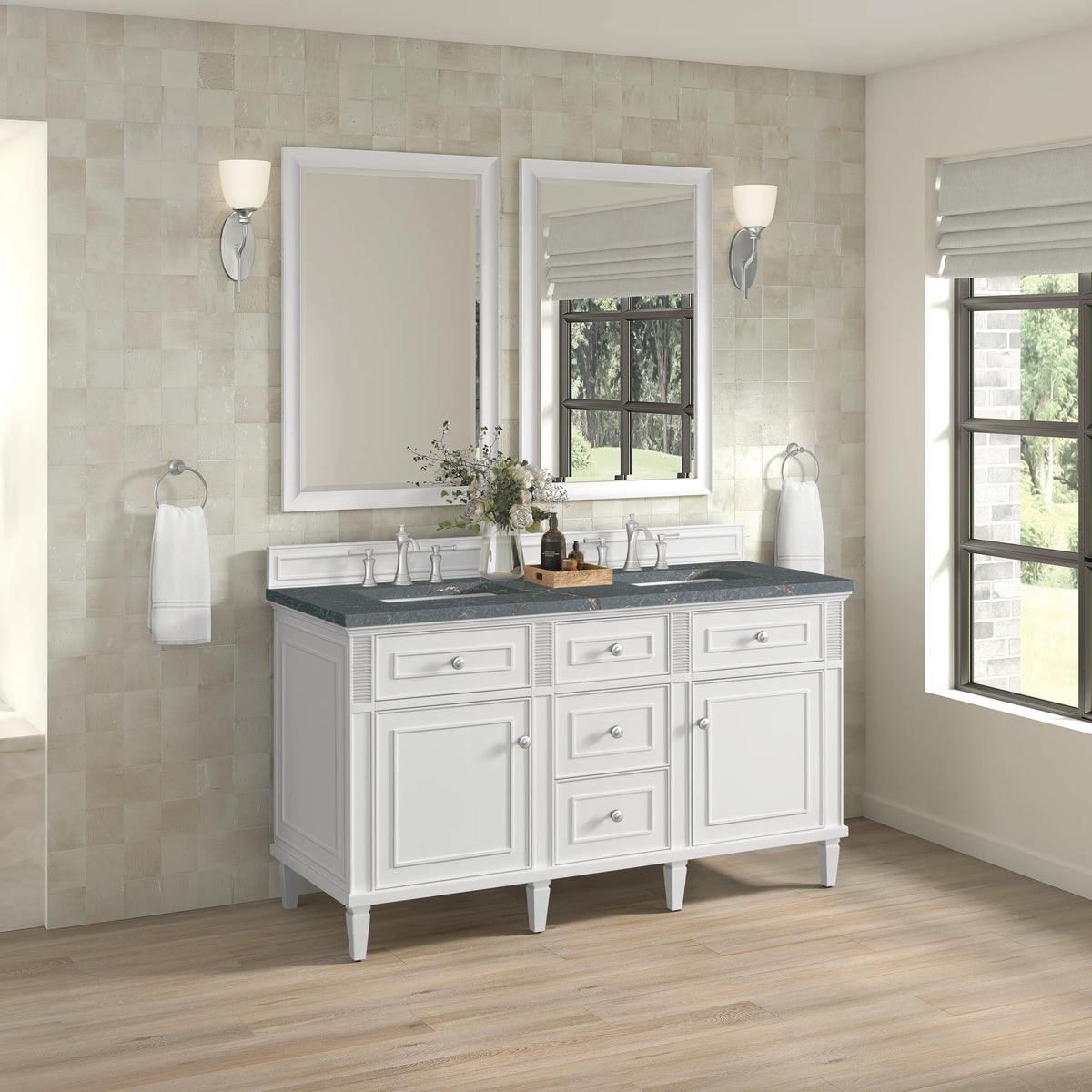Lorelai 60" Double Vanity, Bright White w/ 3 CM Parisien Bleu Silestone Top w/FreePower Wireless Charger, view 8