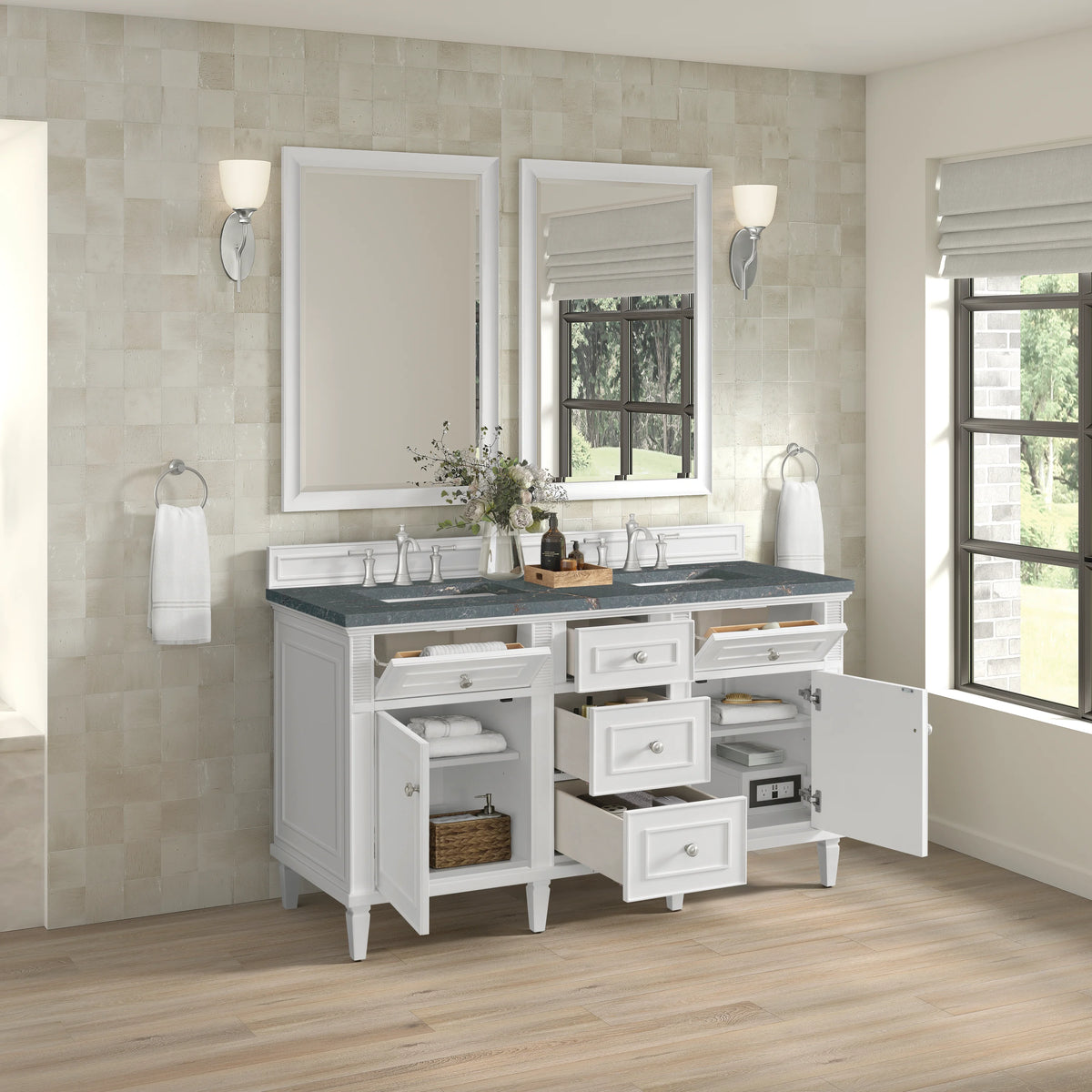 Lorelai 60" Double Vanity, Bright White w/ 3 CM Parisien Bleu Silestone Top w/FreePower Wireless Charger, view 9