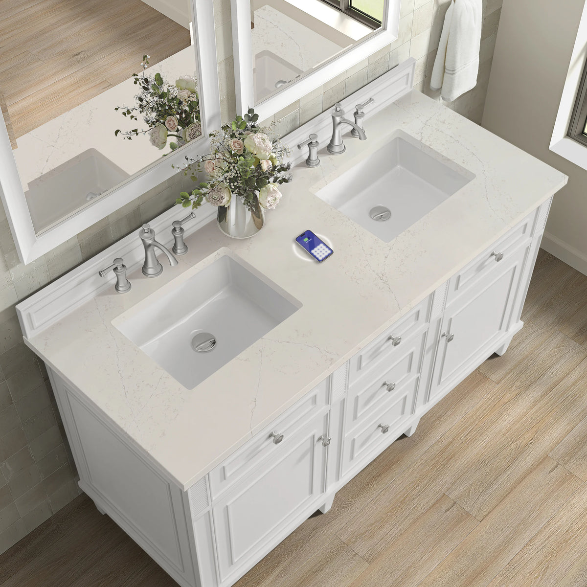 Lorelai 60" Double Vanity, Bright White, w/ 3 CM Siberian Silestone Top w/FreePower Wireless Charger, view 10