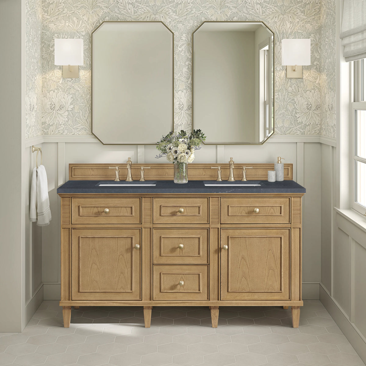 Lorelai 60" Double Vanity, Light Natural Oak w/ 3 CM Charcoal Soapstone Silestone Top, view 3
