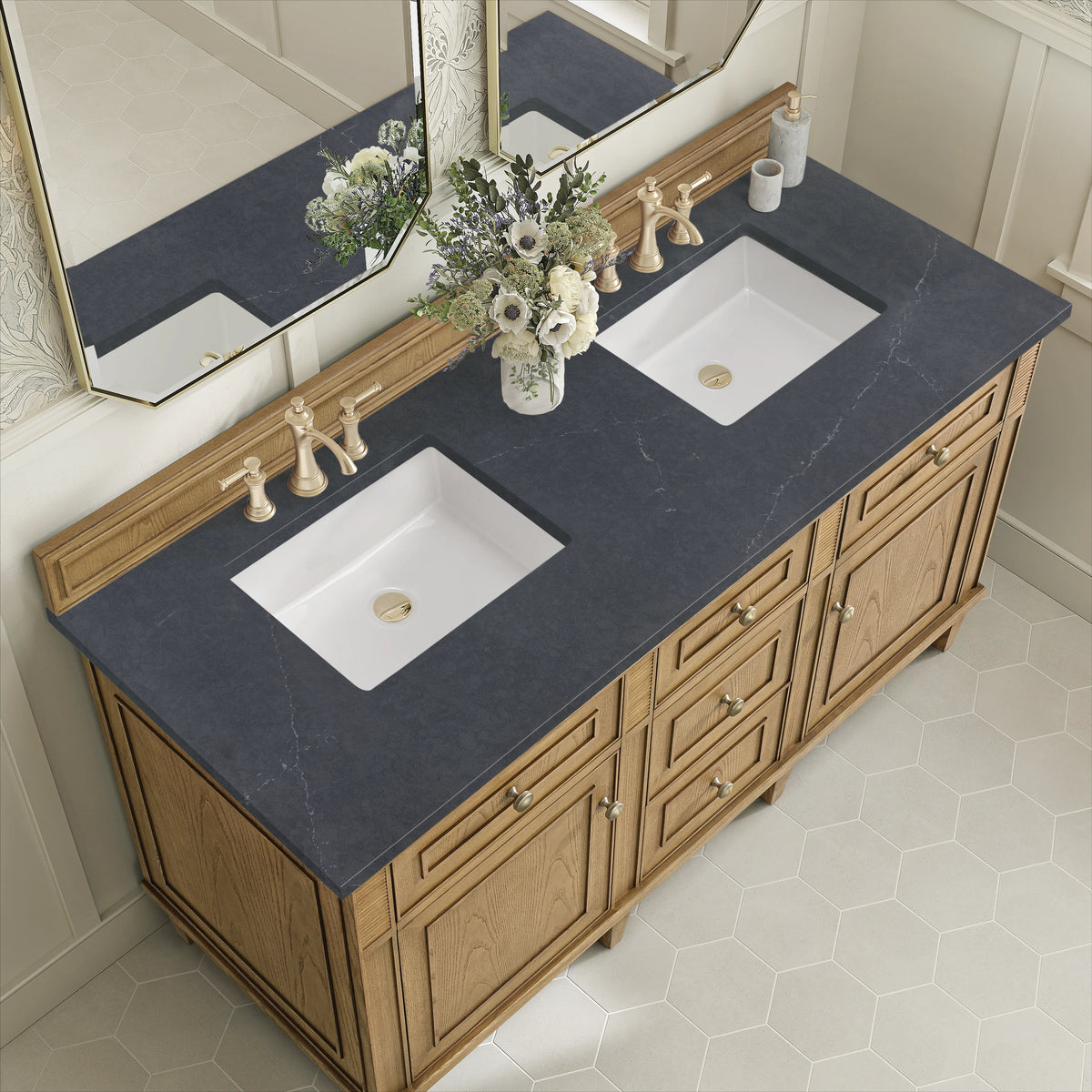 Lorelai 60" Double Vanity, Light Natural Oak w/ 3 CM Charcoal Soapstone Silestone Top, view 7