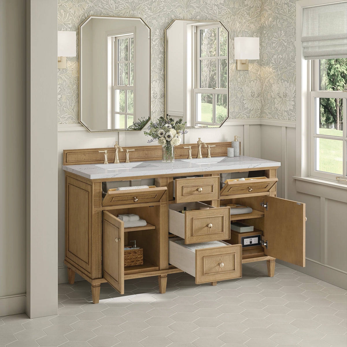 Lorelai 60" Double Vanity, Light Natural Oak w/ 3 CM Ethereal Noctis Silestone Top, view 5
